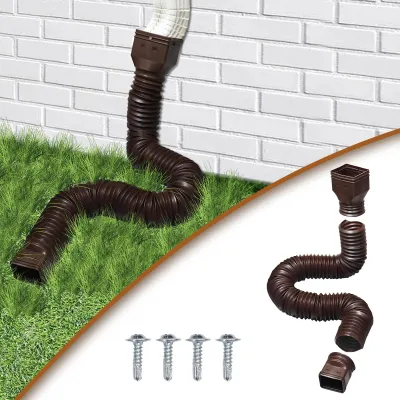 A brown flexible downspout extension attached to a white downspout, curving down onto green grass next to a white brick wall. A separate set of the downspout extension components and screws are shown in the lower right corner.