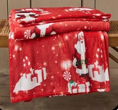 Zdjęcie produktu dla Unyqoos® – świąteczna kołdra flanelowa – 170 x 230 cm, czerwona, z motywem Świętego Mikołaja, 100% poliester, miękka narzuta idealna do sofy i łóżka