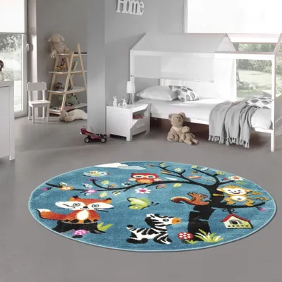 Produktbild von Kinderzimmer-Teppich mit verschiedenen Tiermotiven | in blau Größe - 120 cm Rund