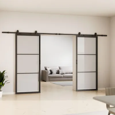 Produktbild von inova Doppelflügelige Loft-Glasschiebetür 1760 x 2035 mm, 3 Felder Klarglas, Stahlrahmen Schwarz, Komplettset, Softclose beidseitig