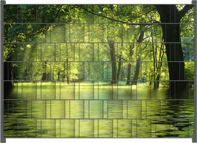 Produktbild von Wallario Zaunsichtschutz mit Motiv Idyllischer See im Wald bei Sonnenschein für Ein- und Doppelstabmatten Zäune in der Größe 200 x 140 cm