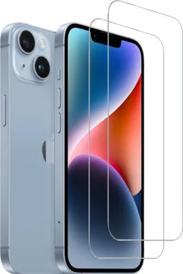 A light blue iPhone 14 is shown next to two screen protectors.