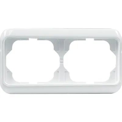 A white electrical outlet frame with two openings.