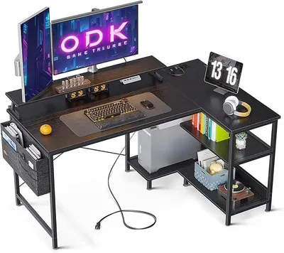 Produktbild von Gaming Tisch L Form, 120x80cm Schreibtisch L Form mit Regal Reversibe, Eckschreibtisch mit USB Ladeanschluss & Steckdose, Ecktisch mit Monitorständer für Büro, Heimbüro, Schwarz