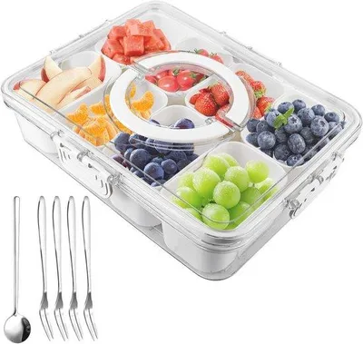Zdjęcie produktu dla Pudełko na przekąski bez BPA z przegrodami i pokrywką, idealne na owoce, orzechy, słodycze, piknik i na drogę