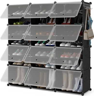 Zdjęcie produktu dla COSTWAY 8-poziomowy stojak na buty, 48-parowa plastikowa szafka na buty z bocznymi haczykami, z możliwością rozbudowy do butów i wysokich obcasów przenośny stojak na buty