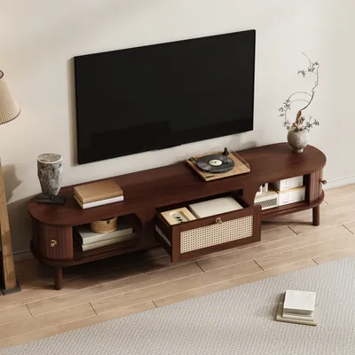 Produktbild von MODFU TV-Schrank aus Holz, TV-Sideboard mit Rattanschubladen, Lowboard mit Türen im Schiebetür-Design,Natur