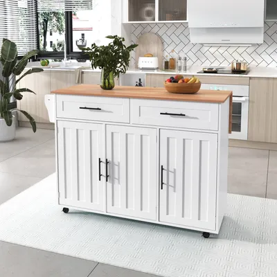 Produktbild von AIORBER Küchenwagen,  mit erweiterbarer Arbeitsplatte, zwei großen Schubladen, fünf stabilen Rollen,  Küchenschränke, für Küchen, 129x46x91,5cm , Weiß