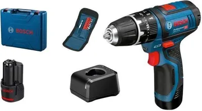 Immagine prodotto di Avvitatore a percussione a batteria Bosch Professional GSB 12V-15, 2 batterie da 2,0 Ah, 10 accessori, in valigetta, 1300 giri/min, diametro di foratura 19 mm