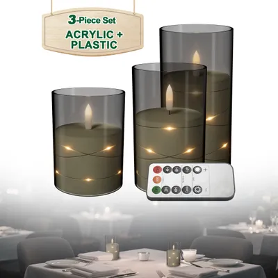 Produktbild von LZQ LED Kerzen 3er Set Mattgrau, Flammenlose Echtwachskerzen Ø7,5 x 10/12,5/15 cm, Fernbedienung, Timer, LED Lichterdraht, Batteriebetrieben,Indoor&Outdoor