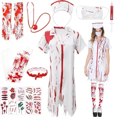 9-teiliges Kostüm für Krankenschwestern, gruseliges Halloween-Outfit für Frauen, Zombie-Krankenschwester-Kostüm mit