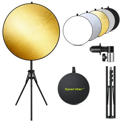Produktbild von Faltreflektor Lichtreflektor Fotoreflektor - 110 cm - Mit Lichtstativ und Reflektorklemme - Gold, Silber, Weiß, Schwarz und Transluzent - Für Fotostudio und Außenaufnahmen