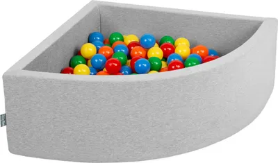 Zdjęcie produktu dla KiddyMoon suchy basen trójkątny z piłeczkami 7cm jasnoszary: żółty-zielony-niebieski-czerwony-pomarańcz 90x30cm/300piłek zabawka basen piankowy