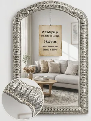 Produktbild von Wandspiegel Barock Silber 38x56 cm – Antik Vintage Spiegel mit Metallrahmen – Eleganter Deko Spiegel für Wohnzimmer, Flur & Schlafzimmer
