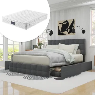 Produktbild von Polsterbett mit 4 Schubladen, Doppelbett mit Lattenrost, Stauraum Bett, höhenverstellbares Kopfteil, Metalllattenstütze, Leinenmaterial (140*200 cm, Grau, Mit Matratze)