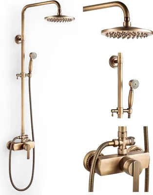 Produktbild von Duschsystem Antikes Messing Duscharmatur Set Gold Retro Duschset mit Armatur, Vintage Duscharmatur Komplettset mit 8" Regendusche, Handbrause Kopf