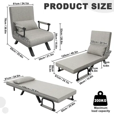 Immagine prodotto di Poltrona 3-in-1 – Poltrona reclinabile – Poltrona relax – Sedia pieghevole – Divano letto – Regolabile – Grigio chiaro