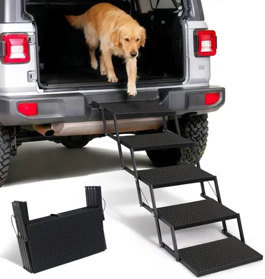 Produktbild von Klappbare Hundetreppe für Autos, Extra breite 5-Stufen Hunderampe, Gelenkschonende Einstiegshilfe, Leichte und rutschfeste Hundetreppe, Für alle Fahrzeugtypen geeignet, Tragfähigkeit bis 100 kg
