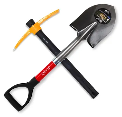 Produktbild von Xforst Gartenset mit Kreuzhacke und Mini Schaufel mit Fiberglasgriffen und Schmiedestahlköpfen. Robust und sehr leicht, ideal für Gartenarbeit und Schatzsuche. X-S800 Schaufel + X-PF45 Spitzhacke