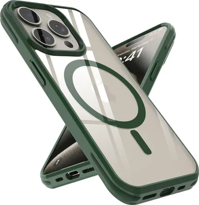 Immagine prodotto di Custodia per Apple iPhone 15 PRO MAX protettiva in VERDE SCURO Custodia compatibile MagSafe con retro trasparente