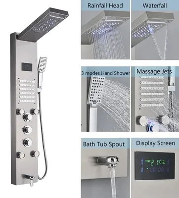 Zdjęcie produktu dla Panel prysznicowy, wyświetlacz cyfrowy, dysze do masażu ciała, powierzchnia szczotkowana, model 8004