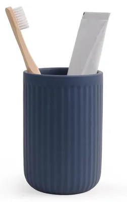 Productafbeelding van Tandenborstelbeker, keramiek, blauw, gestreept, 350 ml, rond, badkamerbeker, tandenborstelhouders