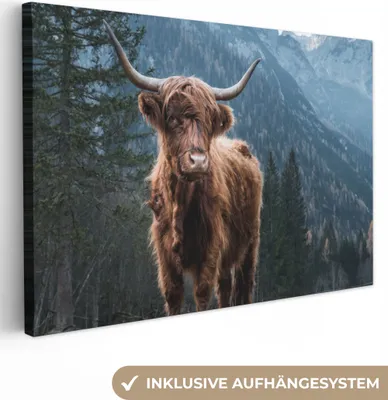 Produktbild von MuchoWow® - Leinwandbilder - Schottische Highlander - Berg - Landschaft - Bäume - Kuh - Natur, Wandbild, Wanddeko Bilder Wohnzimmer, 90x60 cm
