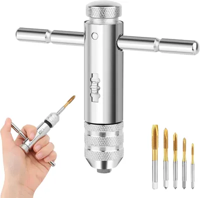 Imagen del producto de Kit de brocas para roscado de 6 piezas, M3-M8, de titanio, con llave de trinquete, para un roscado preciso