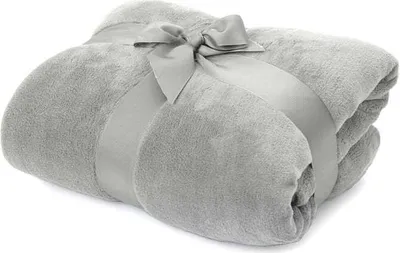 A folded gray blanket tied with a gray ribbon and bow.