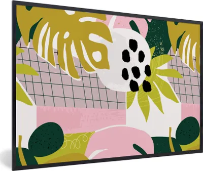 Produktbild von MuchoWow® MuchoWow® Gerahmtes Poster Tropische Pflanzen - Rosa - Gelb - Muster 60x40 cm - Poster mit zchwarzem Bilderrahmen - Printing - Wanddeko Schlafzimmer