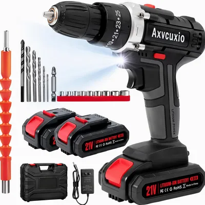 Produktbild von 3-in-1 Akku schrauber,21V Akku Bohrschrauber Set,Schlagbohrmaschinen mit LED,45Nm Max,Schrauber mit 2x1500mAh Akkus,Koffer und viel Zubehör,Schwarz