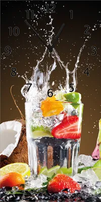 Produktbild von Wallario Design Wanduhr bedruckt, Größe 30 x 60 cm, Motiv: Tropische Früchte in einem erfrischenden Drink