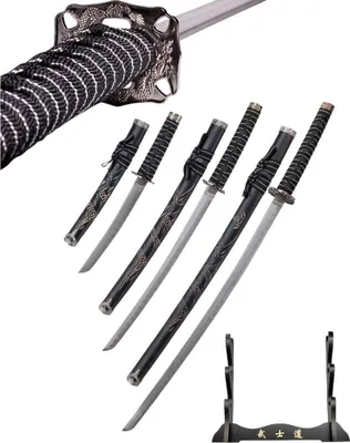 Immagine prodotto di Set di katana wakizashi tanto del drago nero con supporto - spade decorative Acciaio al carbonio, incisione a mano HK1107