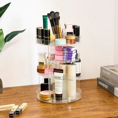 Obrázok produktu pre Unyqoos® Priehľadný, otočný organizér na make-up a kozmetiku o 360°, vyrobený z akrylu, s nastaviteľnými priehradkami a stabilnou základňou – ideálny do kúpeľne a spálne