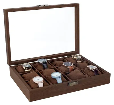 Produktbild von Uhrenkoffer für 12 Uhren - Holzkoffer für Uhren - Organizer für Herren - Schmuckorganizer - Mit Glasdeckel - Langlebig und elegant - Uhrenaufbewahrungsbox
