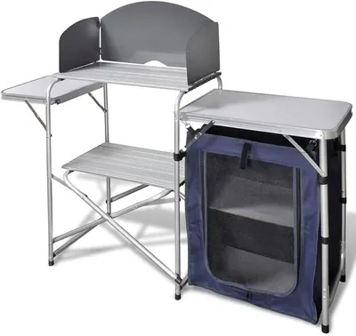 Produktbild von Campingküche Klappbar mit Aluminium-Windschutz, großer Arbeitsfläche, stabilem Metallrahmen, faltbar für Outdoor, Camping, Picknick, mit Schrank und Transporttasche