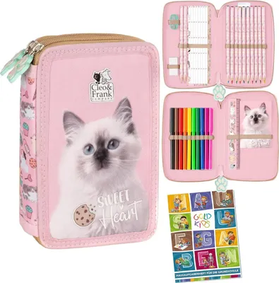 Produktbild von Goldkids - Federmäppchen 2 Fächer - Mäppchen für Mädchen und Jungen - Federmappe 2-Fach Federtasche Gefüllte Schüleretui Schulmäppchen - Katze Motiv