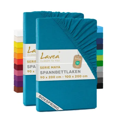 Produktbild von Lavea® 2er Pack Spannbettlaken 90/100x200 cm, Jersey Bettlaken 100% Baumwolle – Boxspringbetten, Wasserbetten, Matratzen bis 35 cm – Aquamarin