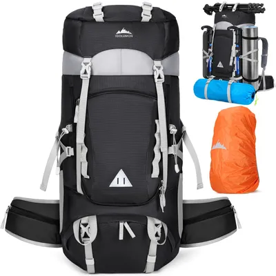 60L Wanderrucksack mit Regenhülle, wasserdicht, Campingrucksack, Schwarz