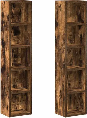 Two tall, narrow wooden bookshelves are shown side-by-side against a white background.