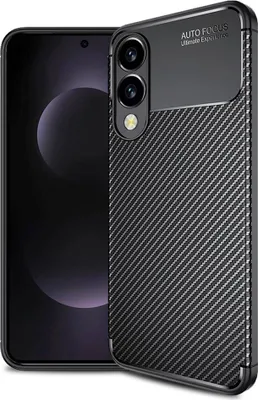 A black carbon fiber phone case is shown next to a smartphone.