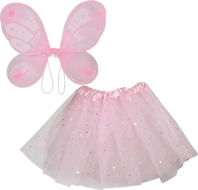 Productafbeelding van Fee. Droomachtige sprookjeswereld. Vleugels. Tutu. Kinderkostuum voor carnaval. Fantasierijk ontwerp. Betoverend. Feeëlijk. Elfensluier. Glitter. Droomreis. Feeëngloed. Kleur: Roze