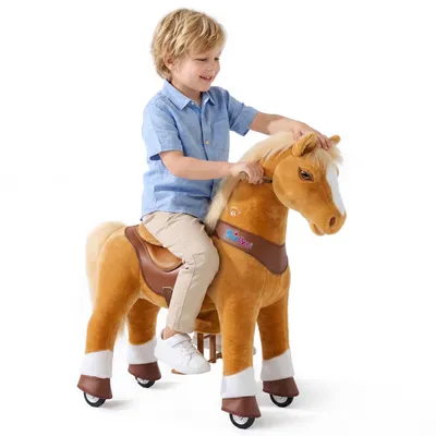 Image de PonyCycle modèle Y Cheval à bascule mécanique marron clair avec sons pour enfants de 4 à 7 ans, sur roues avec frein – Y471