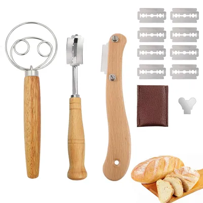 Produktbild von Bäckermesser und Teigbesen-Set - Zum Schneiden und Mischen von Brotteig - Edelstahl und Holzgriff