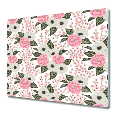 Produktbild von Küchenschneidebrett - Glasschneidebrett - Herdabdeckung - 60x52 - Rosa Kamelienblüten