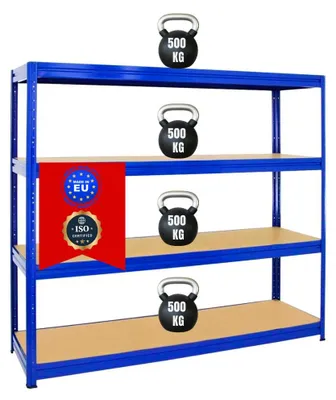 Produktbild von Schwerlastregal DINO | HxBxT 180x180x60cm | 4 MDF-Platten-Ebenen 6,5 mm | Fachlast 500kg | Blau