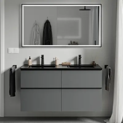 Produktbild von Waschtischunterschrank LAVOA 120 cm mit Doppelwaschbecken - Farbe wählbar, Farbe Badmöbel:Anthrazit matt, Waschbecken:Schwarz matt, Metallgriff:Schwarz matt