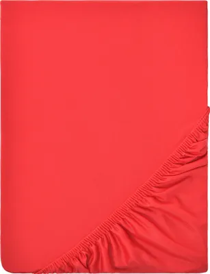 A red fitted sheet is folded and laid flat, with the elasticized corner visible.