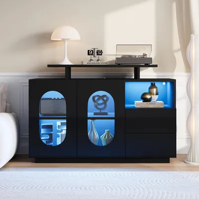 Obrázek produktu pro okwish Elegantní komoda s vysokým leskem, LED osvětlení a vysokolesklými frontami, Skleněná vitrína domácí bar s otevřenými policemi a zásuvkami, černá