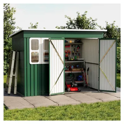 Produktbild von Metall Gerätehaus 260x176cm, Gartenhaus aus verzinktem Stahl, abschließbarer Geräteschuppen mit Fenster und Lüftung, Fahrradschuppen ohne Boden, wetterfest für Garten und Terrasse, Grün